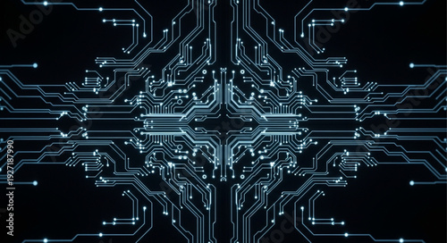 Abstract futuristic digital circuit board pattern glowing with blue light.