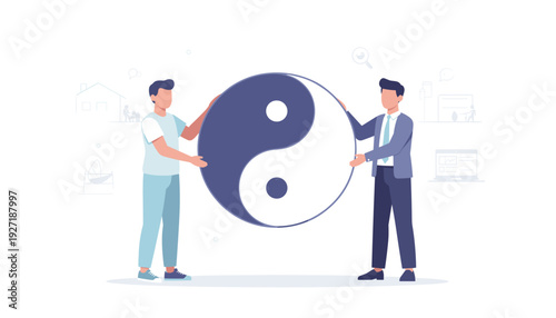 Vector illustration of two men, one in casual clothes and one in a suit, holding a giant Yin Yang symbol representing work-life balance, harmony, duality, and professional cooperation concept.
