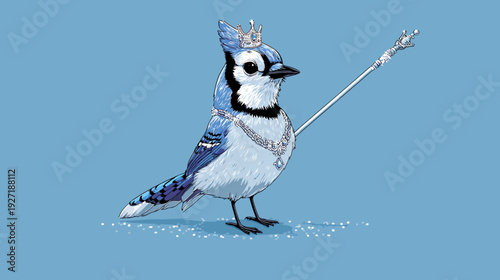 Digital illustration of a blue bird wearing a crown and jewelry, holding a scepter on a blue background