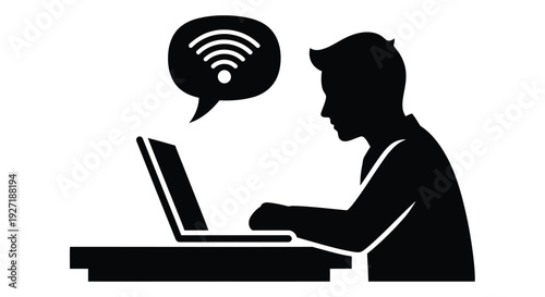 Silhouette of a person using a laptop with a wifi signal bubble