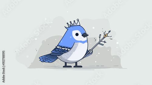 A cartoon bird, wearing a crown, holds a stick adorned with shapes, set against a grey background