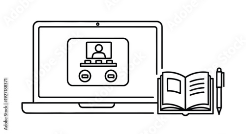 Laptop displaying a video call interface with an open book and pen