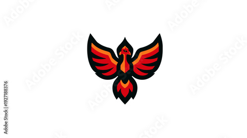 A vibrant, stylized bird with outstretched wings and a stylized flame tail