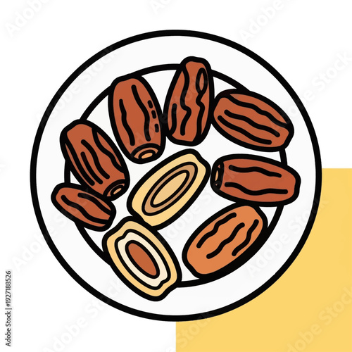 An overhead view of a white plate filled with several brown dates, some whole and some sliced open to reveal their pits.