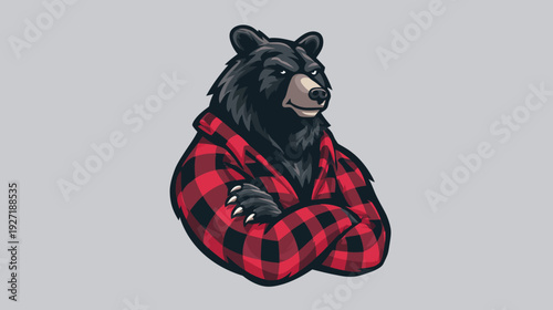 A stylized illustration of a bear with crossed arms wearing a red and black plaid shirt