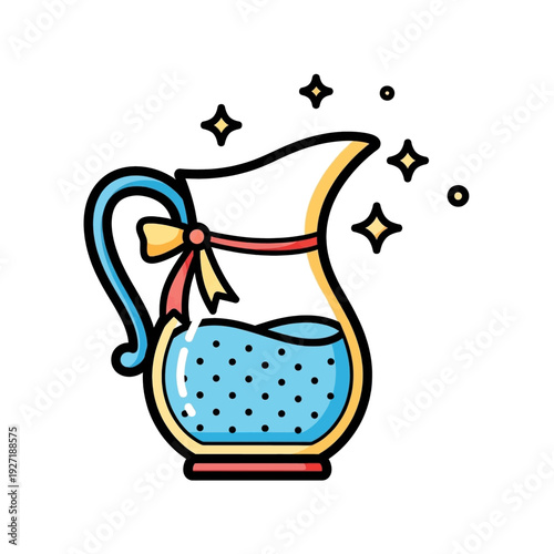 A cartoon illustration of a sparkling pitcher filled with blue liquid and adorned with a bow.