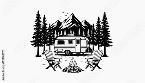Camping Scene with Trailer, Campfire and Mountains – Outdoor Adventure Illustration