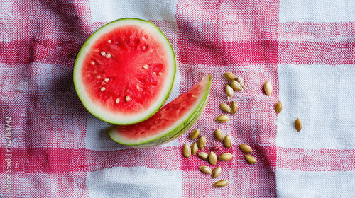Sliced Watermelon with Seeds on Checkered Cloth