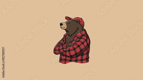 Illustration of a bear wearing a red plaid shirt and a red cap with arms crossed against a backdrop