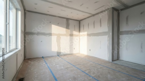 Sunlit unfinished room with drywall and concrete floor undergoing renovation in residential home