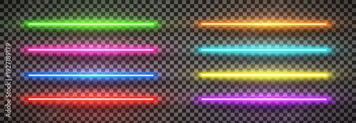 Realistic led neon tube light big pack isolated on transparent background. Cyan, green yellow, orange, blue purple, yellow and red detailed light. Vector illustration