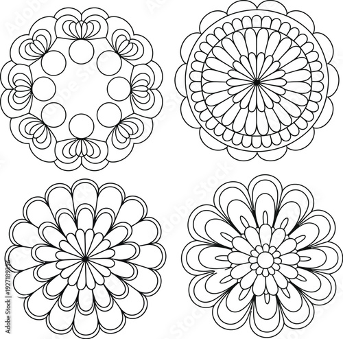 A black and white mandala coloring page set with intricate floral patterns for meditative art and relaxation, ideal for stress relief and creative expression