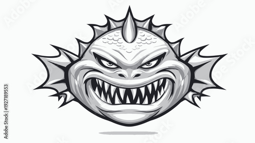 A grayscale illustration of a menacing monster head with sharp teeth and spiky features