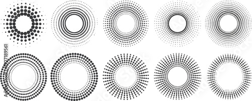 Collection of diverse abstract circular patterns and halftone dots, presenting a clean minimalist logo design showcase with radial burst effects for modern graphic design