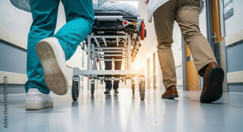 Medical professionals rushing with hospital stretcher in busy corridor