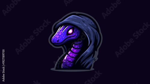 A stylized illustration of a purple cobra snake wearing a dark hooded cloak