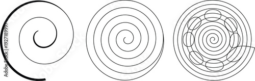 A minimalist black and white illustration depicting various intricate spiral designs, showcasing abstract graphic elements and mathematical curves for visual concepts