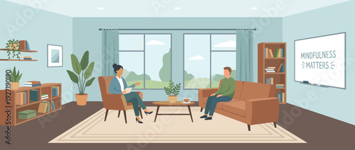 Modern Mental Health Therapy Session Flat Vector Illustration; Female Psychologist Consulting Male Patient in a Comfortable Office with Plants, Bookshelves, and Mindfulness Matters Whiteboard.