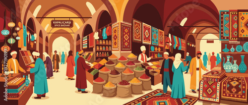 Vibrant flat vector illustration of the historic Kapalicarsi Spice Bazaar in Istanbul featuring colorful spice sacks, ornate handwoven carpets, lanterns, and people in traditional Turkish attire.