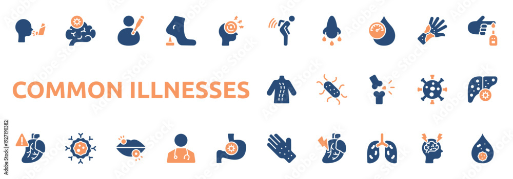 Φωτογραφία Common Illnesses icon set two color style with backache, sinusitis, hypertension