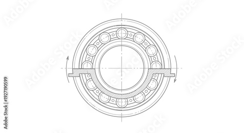 Technical drawing of a mechanical ball bearing from a top-down viewpoint, showcasing its intricate design and dimensions