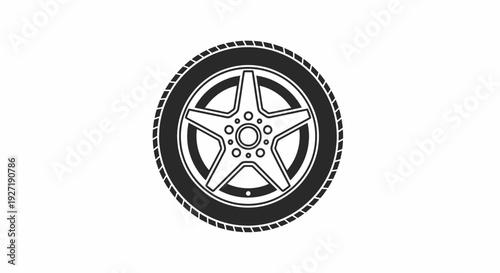 A close-up view of a car tire with a silver rim and five spokes, isolated on a plain background, showcasing its detailed illustration.