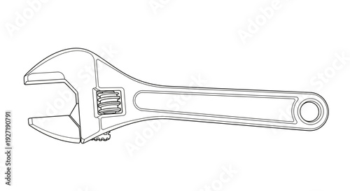 Metal adjustable wrench with open jaws and long handle, viewed from the side on a plain background