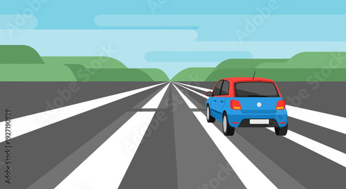 Blue car driving down a straight road with white markings and green hills in the background, viewed from behind.