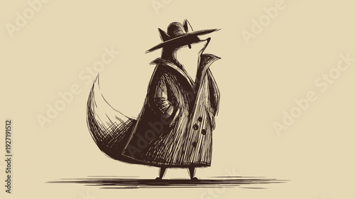 A stylized illustration of a creature in a long coat and hat, resembling a detective or spy
