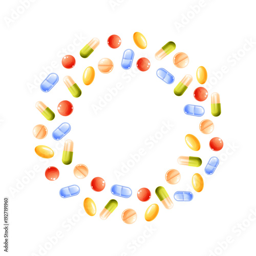 Vector round frame made of multicolored medicines and pills, in different shapes. There is an empty space in the middle for the text.