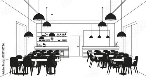 Black and white interior illustration showcasing a modern cafe or restaurant space with tables chairs and hanging pendant lights on transparent background