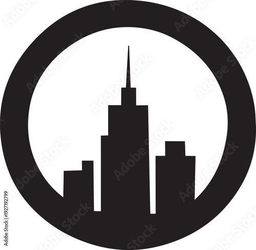 Minimalist black and white icon featuring a city skyline silhouette within a circular frame