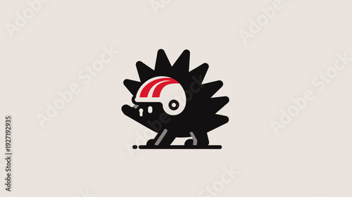 A stylized cartoon hedgehog icon with spiky back, wearing a helmet on a light beige background
