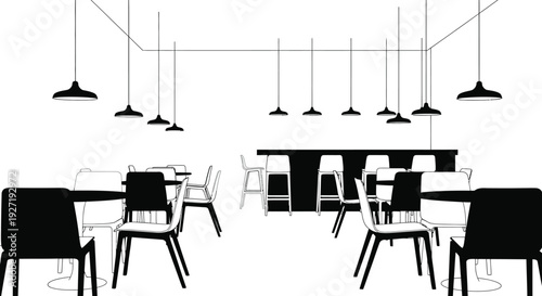 Monochrome silhouette illustration of a modern cafe interior with chairs tables and pendant lights on transparent background high quality professional detailed