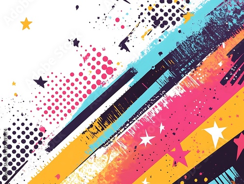 Abstract party background with colorful brushstrokes, splatters, and stars on a white surface