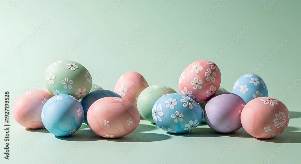 Fototapeta premium Colorful easter eggs with floral designs on pastel background illustration