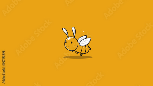 A charming cartoon bee with a smiling face, wings, and antennas, set against an orange backdrop