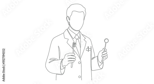 Line drawing of a doctor holding a magnifying glass gesturing with one hand