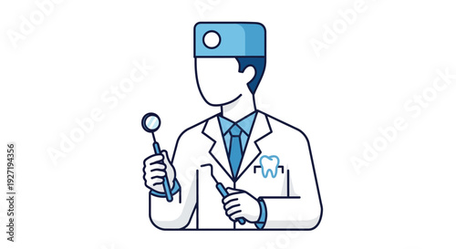 Illustration of a dentist holding tools with a tooth and heartbeat graphic