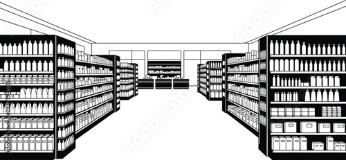 A black and white illustration depicts a store aisle filled with shelves stocked with bottles on transparent background silhouette high quality