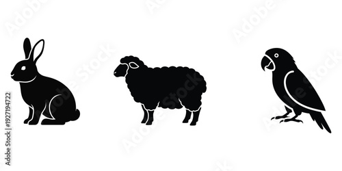 Black silhouettes of a rabbit sheep and parrot
