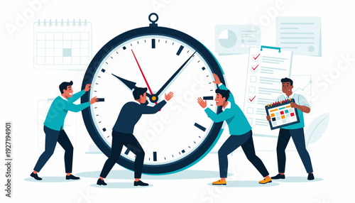 Business Team Trying to Stop the Hands of a Giant Clock, Deadline and Time Management Concept with People Working Together to Control Schedule, Productivity, and Efficiency in a Vector Design.