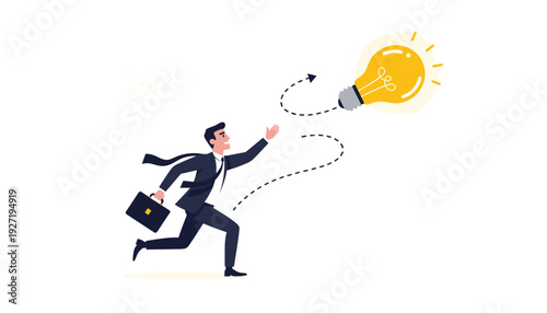 Businessman in a suit with a briefcase running to catch a flying glowing light bulb. Concept of chasing ideas, innovation, and pursuit of success in a modern city background. Flat vector design.