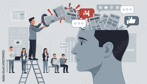 Conceptual illustration of fake news and media manipulation showing a man on a ladder pouring newspapers into a large human head while people in the background read news on devices and paper.
