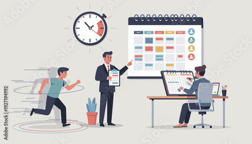 Business Time Management Concept with a Man Running in Circles, a Manager Organizing Urgent Tasks on a Large Calendar, and a Woman Planning Events at her Desk to Meet Deadlines and Efficiency.