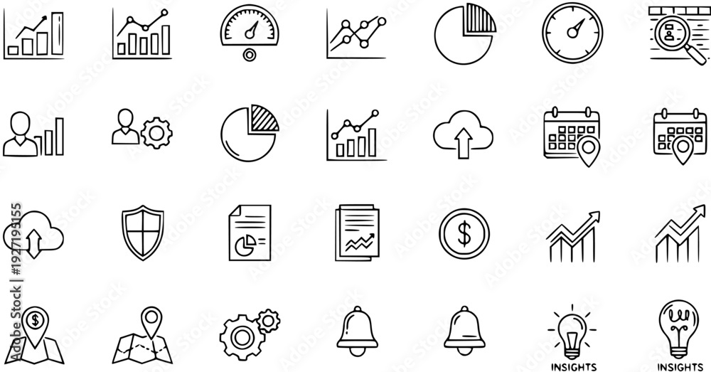 Fototapeta premium Hand-drawn Business Analytics, Data Management Icons Set. Sketchy Doodles for Finance, Cloud, Security, Calendar Insights.