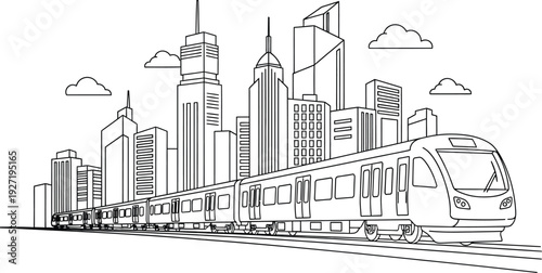 Black and white line drawing depicting a cityscape with a train traveling through on transparent background silhouette high quality professional detailed
