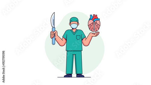 Cardiac Surgeon Illustration with Scalpel and Human Heart. Vector for Surgery, Healthcare, and Medical Concepts.