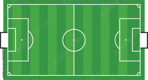 Top down view of a green soccer field with white lines markings and goal areas on transparent background silhouette high quality professional