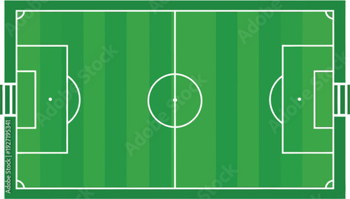 Top down view of a green soccer field with white lines and markings ideal for sports graphics on transparent background silhouette